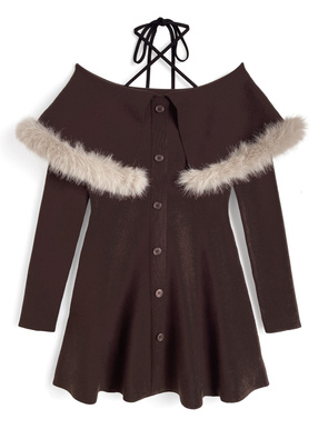 ホルターネックファーオフショルダーニットミニワンピース