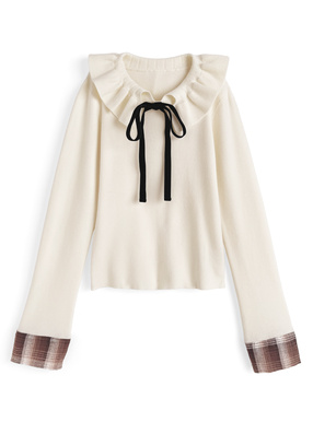 チェック柄カフスフリルカラーベロアリボンニットトップス
