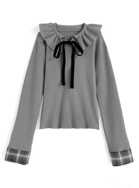 チェック柄カフスフリルカラーベロアリボンニットトップス