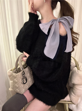 マルチWayリボン付きシャギーニットミニワンピース