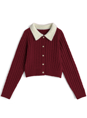 シャギーカラーケーブル編みニットカーディガン