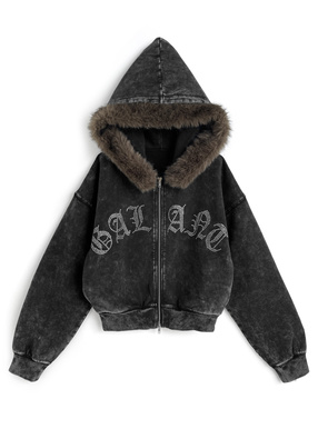 ファー付きラインストーンロゴダブルジップスウェットパーカー