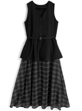 ベルト付きチェック柄ドッキングペプラムジャンパースカート