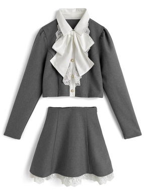 リボン付きレースブラウス×ミニスカートセットアップ