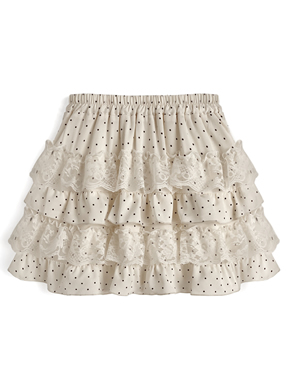 インパン裏地付きドット柄レースティアードフリルミニスカート