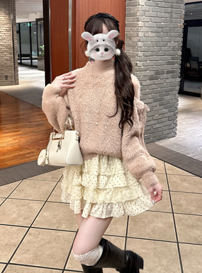 インパン裏地付きドット柄レースティアードフリルミニスカート