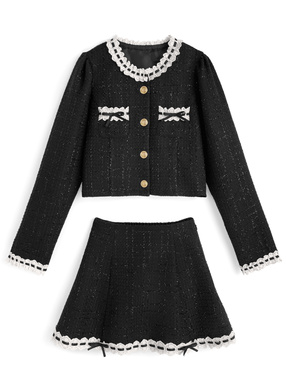 ラメツイードレースジャケット×レースフレアミニスカートセットアップ