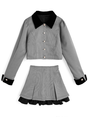 千鳥柄アソートボタンブラウス×プリーツフリルミニスカートセットアップ