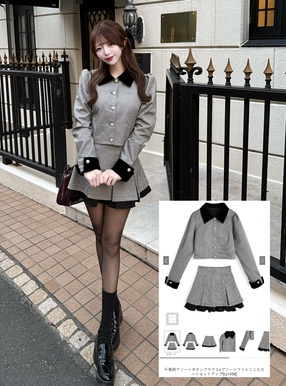 千鳥柄アソートボタンブラウス×プリーツフリルミニスカートセットアップ