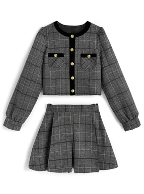 チェック柄配色ジャケット×プリーツキュロットセットアップ