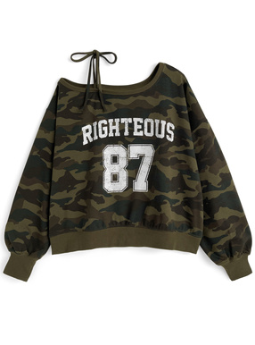 カモフラージュ柄ナンバーロゴワンショルダースウェットトップス