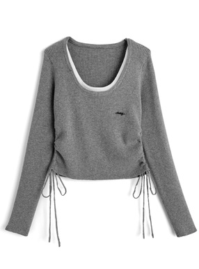 サイドドロストリボンレイヤード風リブニットトップス