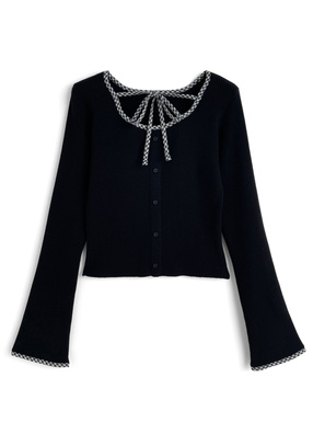 チェック柄パイピングリボンニットトップス