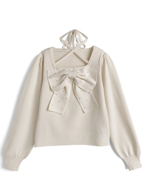 ラインストーンビッグリボンニットトップス