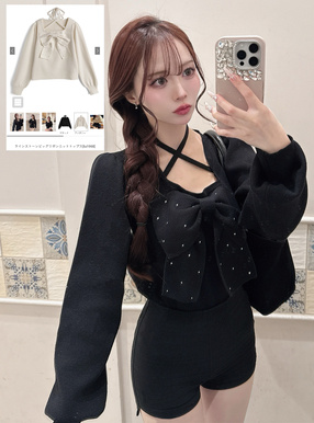 ラインストーンビッグリボンニットトップス