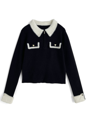 シャギーカラー配色ハーフジップニットトップス