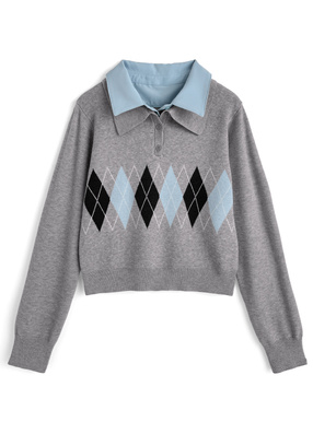 アーガイル柄シャツレイヤード風ニットトップス