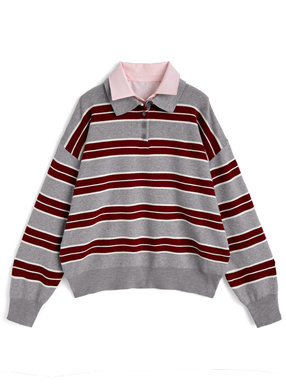 ボーダー柄シャツレイヤード風ニットトップス