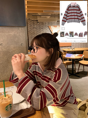 ボーダー柄シャツレイヤード風ニットトップス