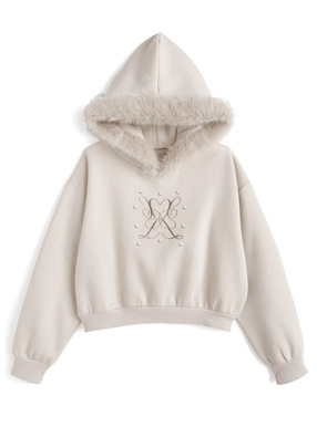 ファーフードロゴ刺繍スウェットパーカー