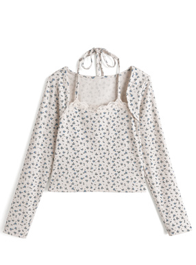 ホルターネックレイヤード風リブトップス