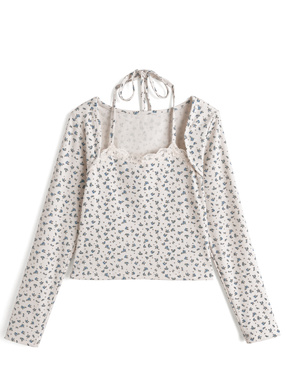 ホルターネックレイヤード風リブトップス