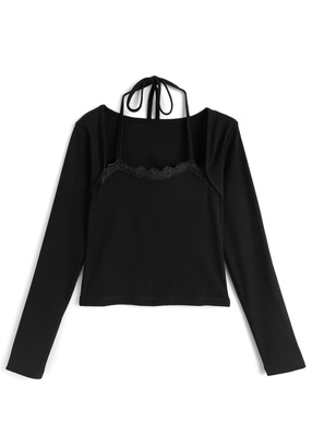 ホルターネックレイヤード風リブトップス