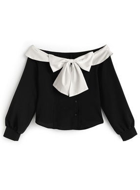 配色リボンオフショルダートップス