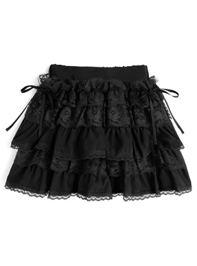インパン裏地付きレースリボンティアードフリルミニスカート