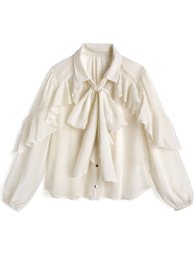 リボン付きラッフルフリルシアーブラウス