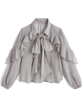 リボン付きラッフルフリルシアーブラウス