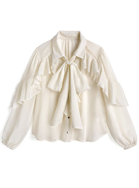リボン付きラッフルフリルシアーブラウス