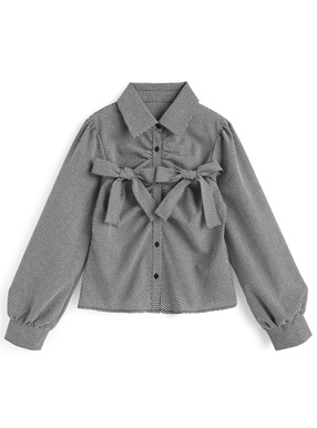 チェック柄ダブルリボンギャザーブラウス