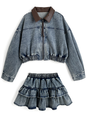 レザーカラーブルゾン×ティアードミニスカートデニムセットアップ