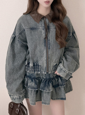 レザーカラーブルゾン×ティアードミニスカートデニムセットアップ