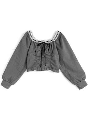 ギンガムチェック柄レースリボンフリルトップス