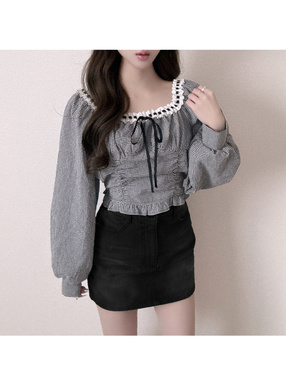 ギンガムチェック柄レースリボンフリルトップス