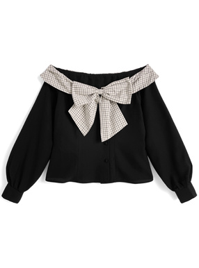 チェック柄リボンオフショルダートップス
