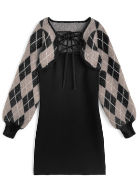 アーガイル柄シャギーボレロ×キャミソールミニワンピースニットアンサンブル