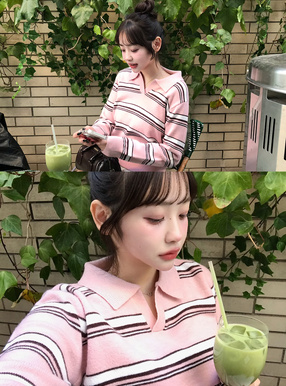 ボーダー柄スキッパーニットトップス