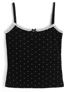 カップ付きドット柄レースリボンキャミソール
