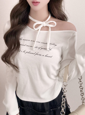 ロゴプリントリボンワンショルダーリブトップス