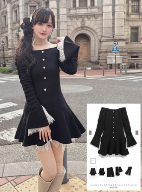 レースドッキングオフショルダーニットミニワンピース