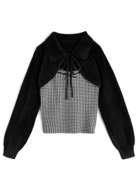 シャギーボレロ×チェック柄キャミソールニットアンサンブル