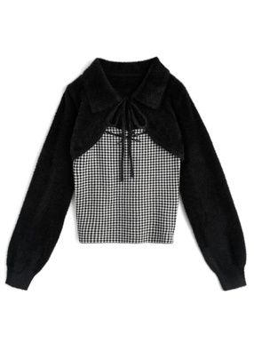 シャギーボレロ×チェック柄キャミソールニットアンサンブル