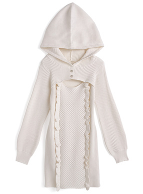 フード付きフロントオープンニットミニワンピース