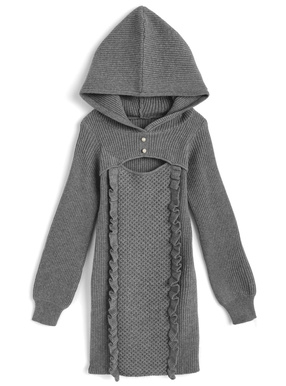 フード付きフロントオープンニットミニワンピース