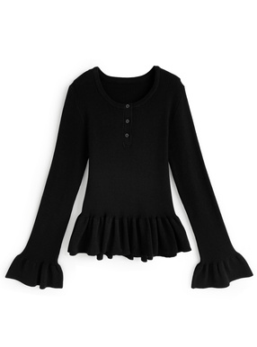 ヘンリーネックフレアスリーブペプラムニットトップス