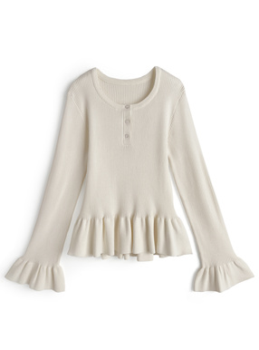 ヘンリーネックフレアスリーブペプラムニットトップス