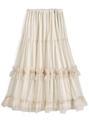 ラインストーンチュールフリルロングスカート